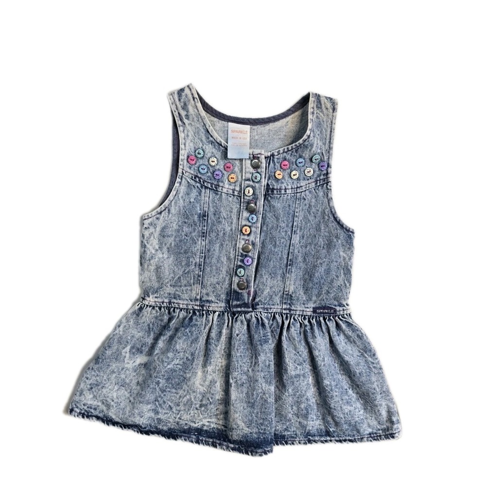 Vintage Girls Denim Romper  6‎ Acid Wash Sparkle Buttons